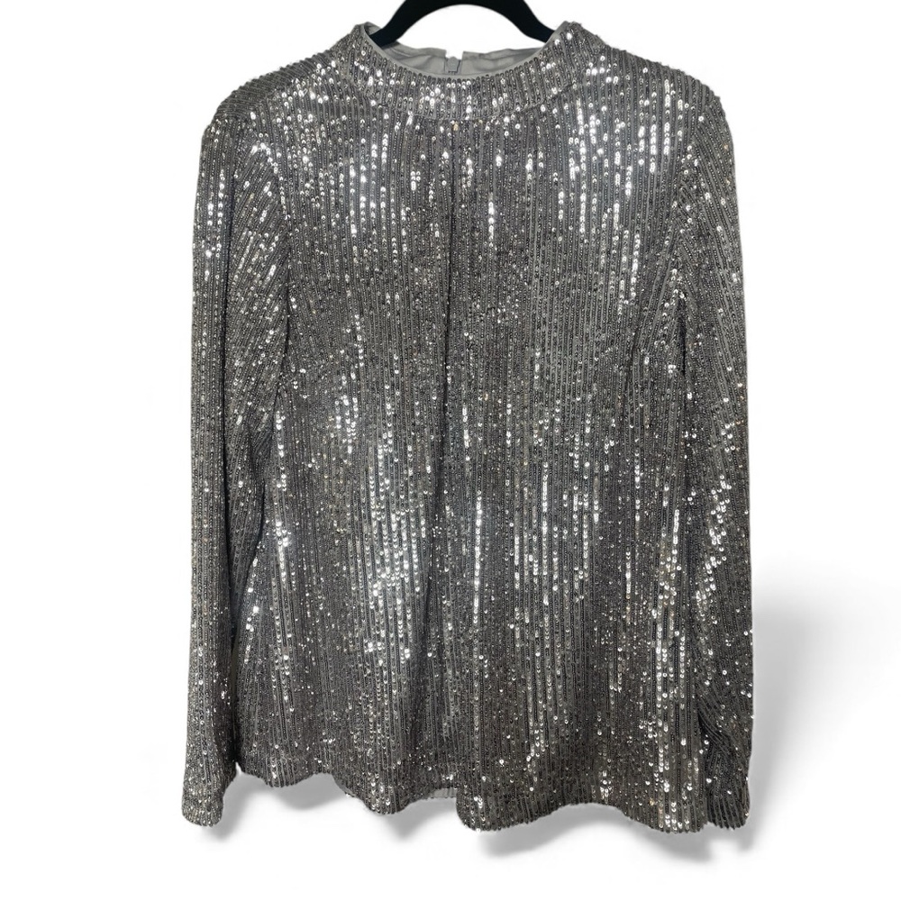 NWT Soft Surroundings Long Sleeve Silver Sequin Top Size Medium